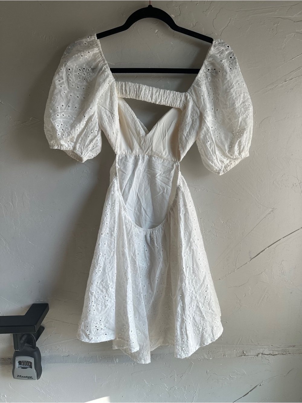 Hello Molly White Eyelet Puff Sleeve Open Back Mini Dress Cottagecore Coquette - Picture 12 of 13